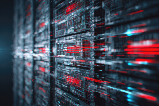 Data breach server room technology digital security network cyber threat futuristic glowing red blue light computer system