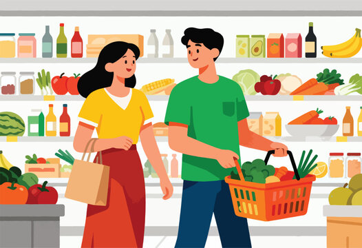 A couple shops at a grocery store, shopping together, with full shelves of food - Powered by Adobe