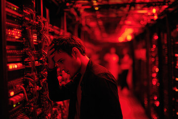 Data breach in server room causes stress as young man stands worried among network cables and red emergency lighting highlighting critical situation
