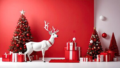 Festive Christmas scene with decorated trees, gifts, and a white reindeer statue.