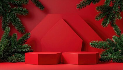 Minimalist Red Stage with Fir Branches for Holiday Product Presentation.
