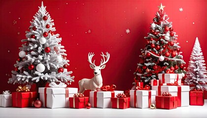 Festive Christmas scene with decorated trees gifts and a reindeer on red background.