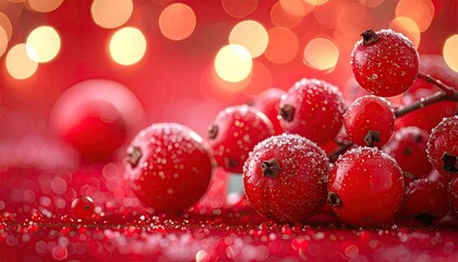 Frosted Red Berries with Warm Bokeh Lights Background.