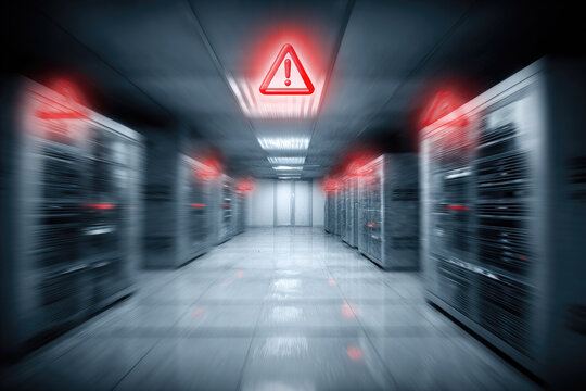 Data breach warning in server room with red alert symbols glowing above network racks, highlighting cybersecurity risk and digital threat in modern technology environment