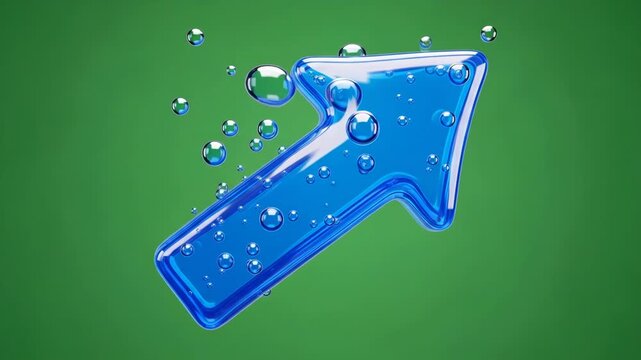 Bright blue, glossy arrow shape covered in water bubbles floating against a solid green background