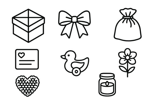 Handmade Gift Icons. Crafted Gift Collection linear icon set: origami box, ribbon bow, fabric pouch, personalized note, crochet heart, wooden toy, paper flower, jar candle