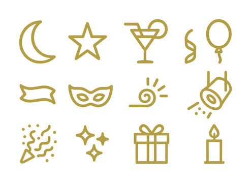 Party icon set: moon, star, cocktail, balloon, mask, spotlight, gift, candle