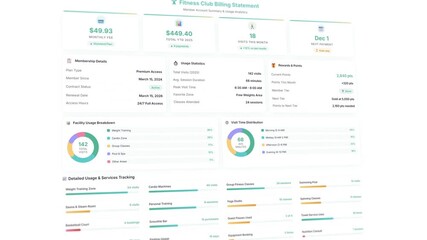 Interactive animated gym membership billing template: detailed usage statistics with subscription renewal tracking - Powered by Adobe