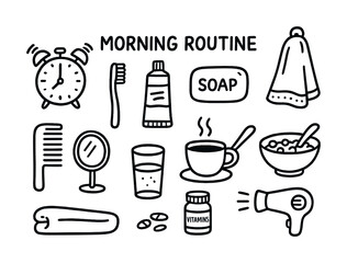Morning routine essentials: toothbrush, soap, towel, coffee, breakfast, vitamins
