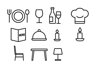 Restaurant icons: culinary tools, dining, and decor elements