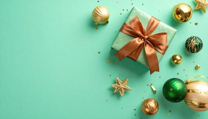 Elegant Christmas gift box with golden ornaments and confetti on a teal background.
