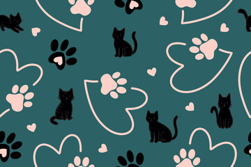  Cat and paw pattern vector illustration featuring playful silhouettes and heart shapes. This seamless design is perfect for pet-themed backgrounds, textiles, and creative projects.
