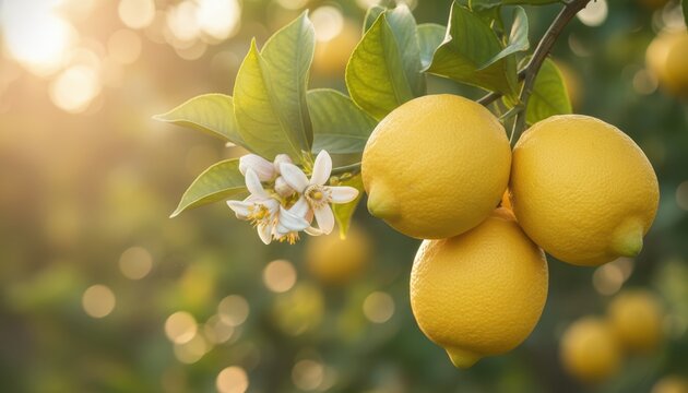 Bunch of fresh ripe lemons with leaves and flowers on a lemon tree branch in a sunny garden.