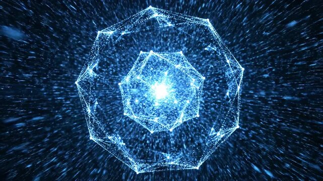 Seamless loop of brilliant blue light particles rapidly converging into a digital network singularity forming a complex data structure background, light, converging