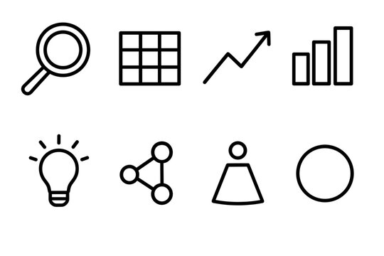 Data Analysis Icons. Analytical Report Elements linear icon set: magnifying lens, grid table, trend arrow, comparison bars, insight spark, data nodes, highlight beam, clarity ring