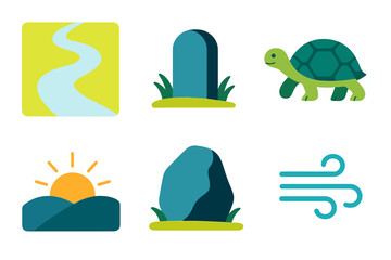 Naklejka premium Patience Path Icons. Patience Journey Set flat icon set: winding path, milestone stone, slow-moving turtle, sunrise horizon, stable rock, gentle breeze