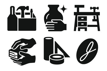 Crafting Icons Collection. Artisan Workshop silhouette icon set: toolbox, handmade product, workshop table, skilled hands, crafting materials, signature finish