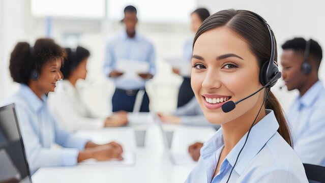 Smiling call center agent with headset and diverse team providing customer support in a friendly environment