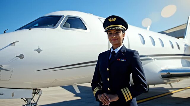 Professional female aviator in uniform smiling confidently while standing on the tarmac in front of a modern private jet, ready for a flight on a sunny day at the airport