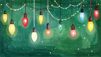 Watercolor painting of colorful vintage string lights hanging against a dark green textured background with festive white dots.