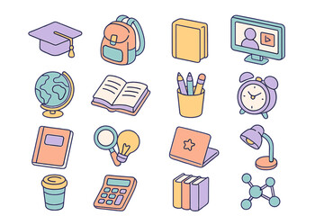 Colorful collection of school and study icons featuring books, stationery, and learning tools