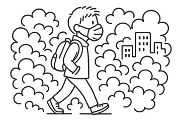 Young person walking in a city while wearing a mask and surrounded by clouds