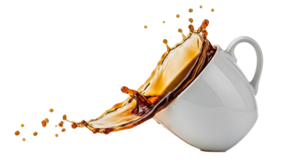 Coffee cup spilling brown liquid in dynamic freeze frame action on white background