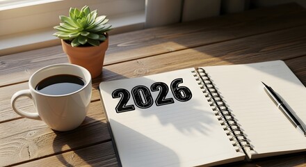 A close-up view of an open notebook with the year 2026 written on it, next to a white mug of coffee and a small succulent plant in a terracotta pot.