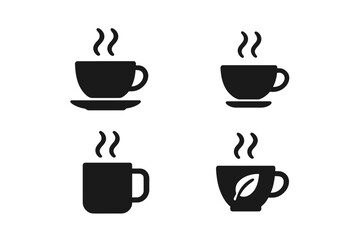 Different styles of steaming cups of coffee illustrated on a plain background