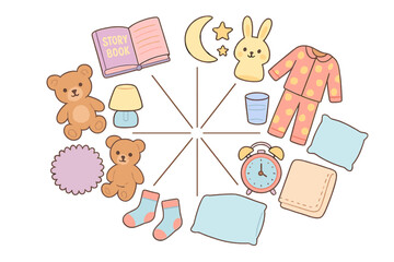 Cute bedtime illustration showing toys, clothes, and bedtime items for children in a playful layout