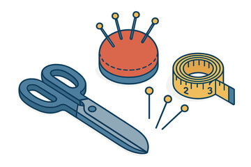 Sewing tools including scissors, a pin cushion, and measuring tape arranged on a plain background