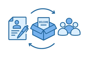 Welcome package with employment forms and team illustrations for new hires during onboarding process