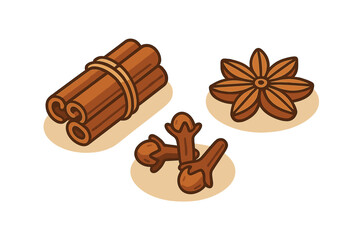 Brightly colored illustration of cinnamon sticks, star anise, and cloves on a simple background showing the beauty of spices