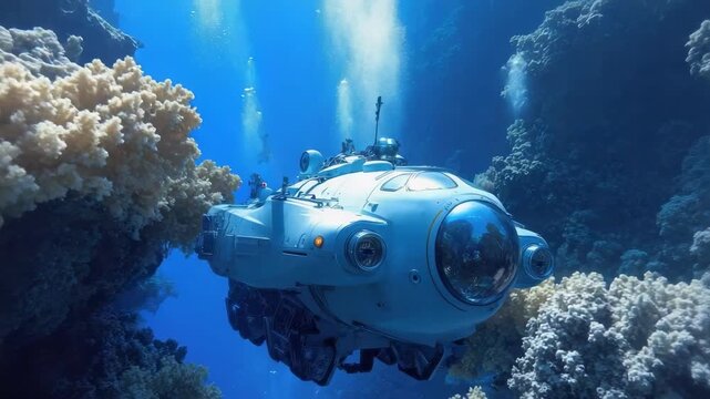A small submersible submarine gliding through a coral reef in clear blue ocean water.