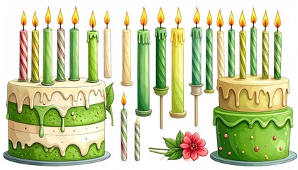 Festive birthday cakes with numerous lit candles and a decorative flower for celebration.
