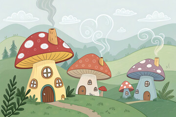 Enchanting mushroom houses nestled in a whimsical landscape, with rolling hills, lush greenery, and playful smoke curls adding a touch of fantasy and charm