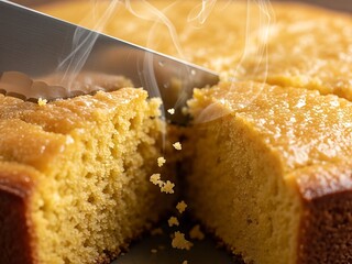 A close-up view of a knife slicing into a warm, freshly baked cornbread.