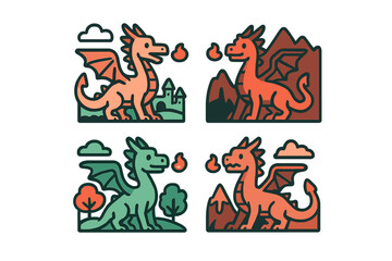 Colorful illustrations of dragons breathing fire in fantasy landscapes with mountains and castles