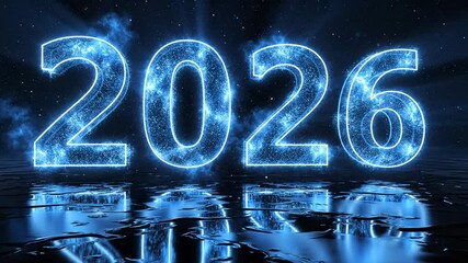 Glowing blue neon number 2026 with particle effect reflected on a dark, wet surface against a starry night sky background - Powered by Adobe