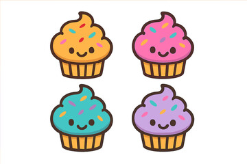 Colorful cartoon cupcakes with happy faces displayed in a fun design for children?s events or desserts