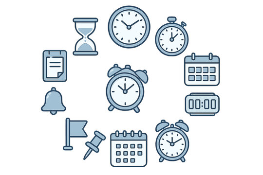Different timekeeping devices and tools organized in a circular pattern illustrating concepts of time management and scheduling