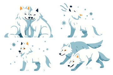Four playful and charming stylized wolf illustrations showcasing their activities in a snowy landscape