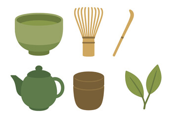 Traditional tea preparation tools including bowls, whisks, and teapots laid out on a table