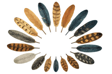 Collection of colorful feathers displayed in a circular arrangement on a white background