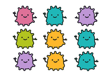 Cheerful cartoon germs in bright colors with smiling faces and waving hands for children's educational material