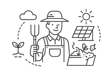 Farmer using sustainable practices with solar energy and composting in a sunny field