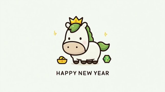Cute flat illustration of a horse with a crown, gold ingot, and green gems on a pure white background. Minimalistic cartoon design with bold lines, simple shapes, no shadows or gradients