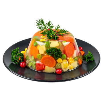 Elegant aspic with mixed vegetables in a dark bowl,isolated on white background a classic gourmet dish, often served as a festive starter
