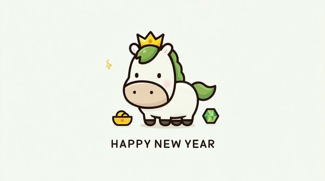 Cute flat illustration of a horse with a crown, gold ingot, and green gems on a pure white background. Minimalistic cartoon design with bold lines, simple shapes, no shadows or gradients