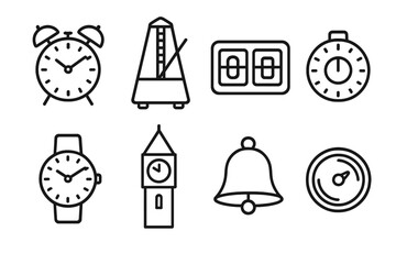 Timekeeping Icon Set. Timekeeping objects linear icon set: desk clock, metronome, flip clock, timer knob, wristband, clock tower outline, bell chime, rotating disc